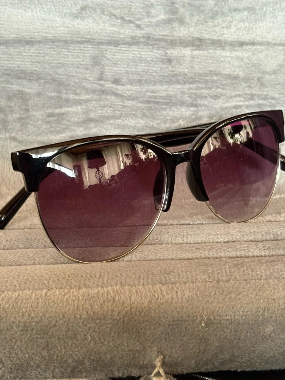 Black Half-Rim Sunglasses with Purple Gradient Lenses